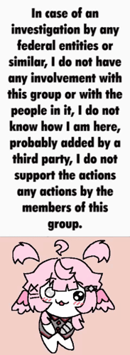 Meme with a pink cartoon character and the text: In case of an investigation by any federal entities or similar, I do not have any involvement with this group or with the people in it, I do not know how I am here, probably added by a third party, I do not support the actions any actions by the members of this group.